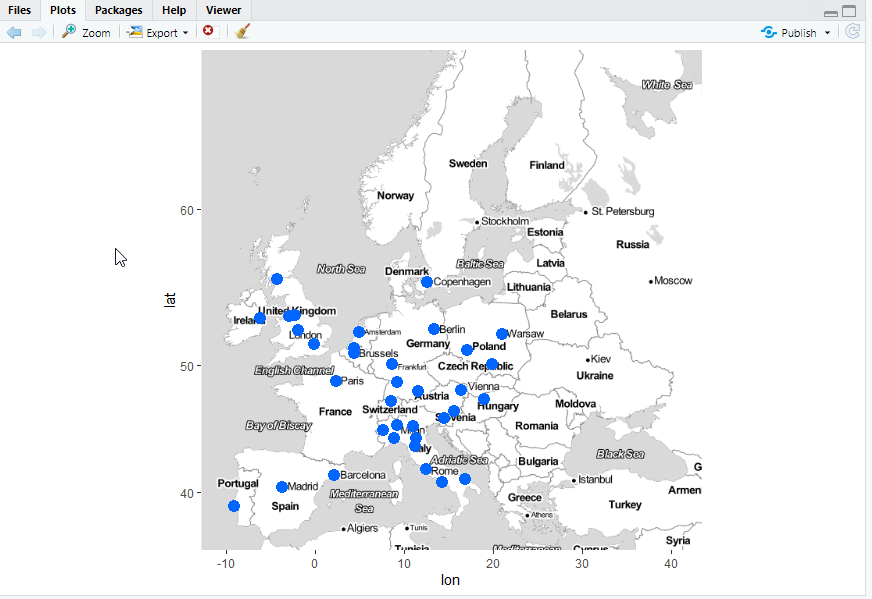Map in R Studio with cities