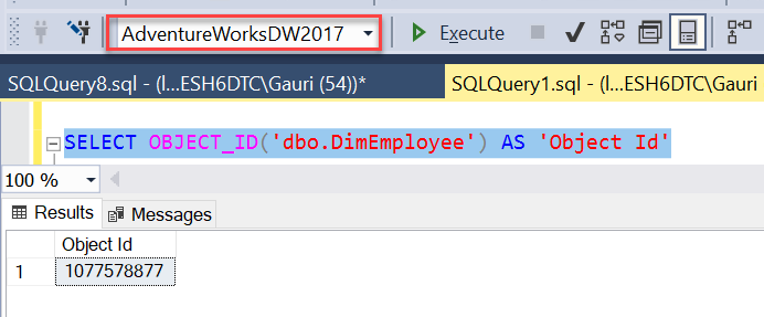Object_Id() metadata function in SQL Server.