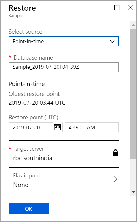 point in time restore in Azure SQL database