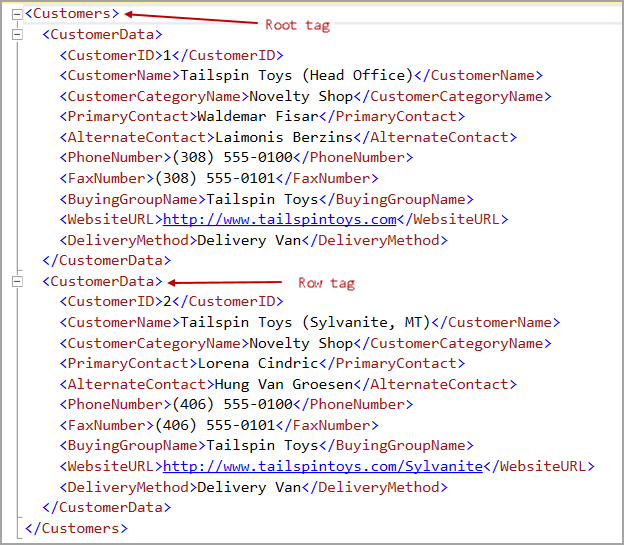 Root and Row tags in XML