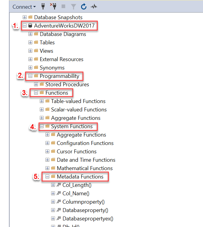 Selecting T-SQL Metadata Functions in SSMS.