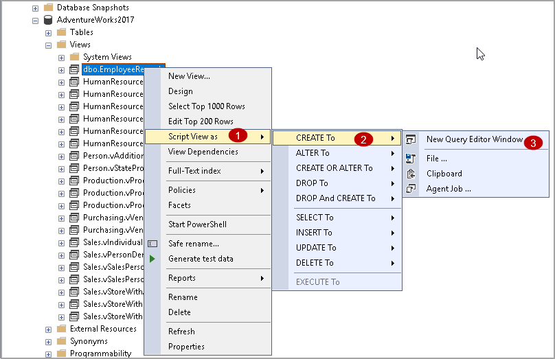 SSMS to generate the script for a view