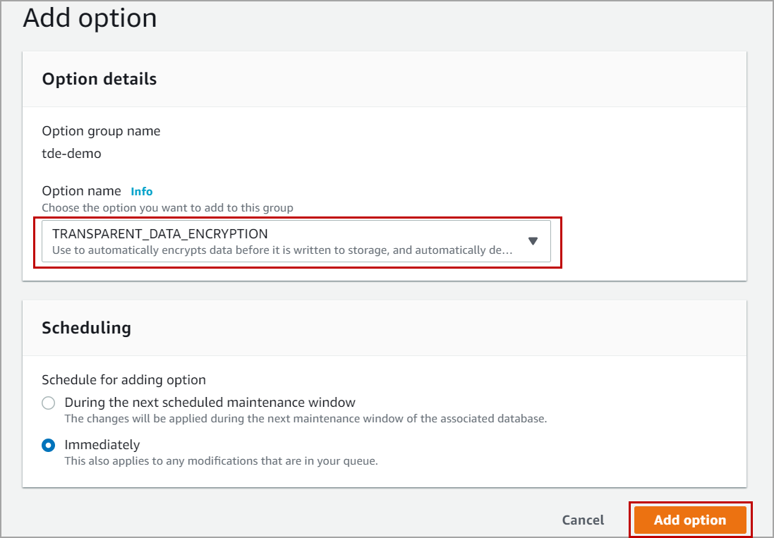 Transparent Data Encryption in AWS RDS option group