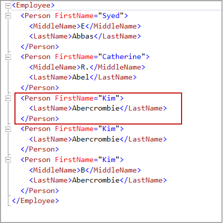 XML view of the selected data