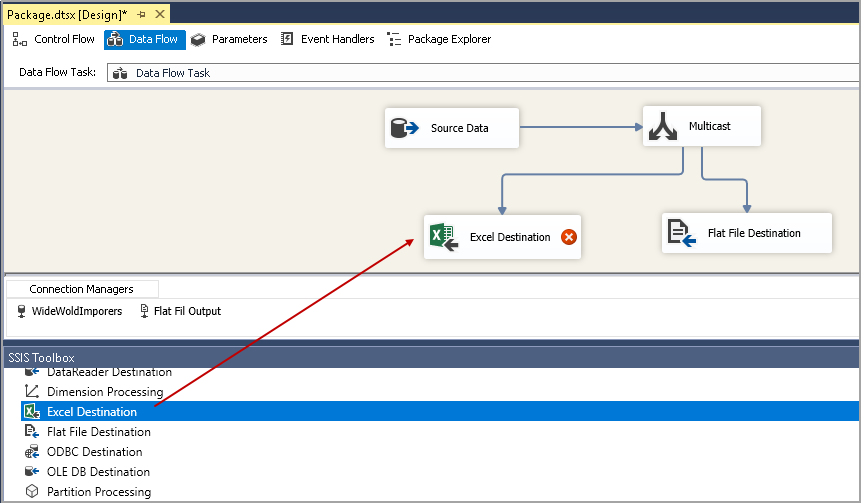 Add an Excel file output in the SSIS Multicast Transformation