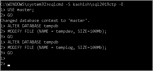 Alter database command to resize the TempDB
