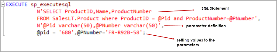 dynamic SQL using sp_executesql extended stored procedure