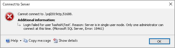 Error while connecting database in single user mode