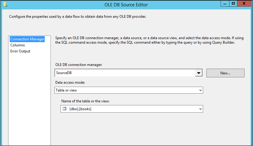 OLE DB Source editor