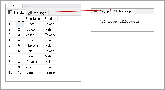 Output of a stored procedure in the results and message tab
