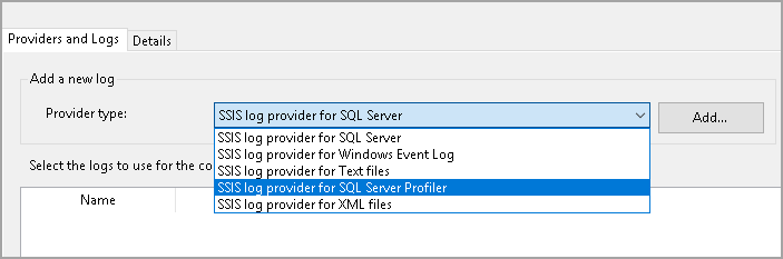 Provider and Logs in the SSIS package logging