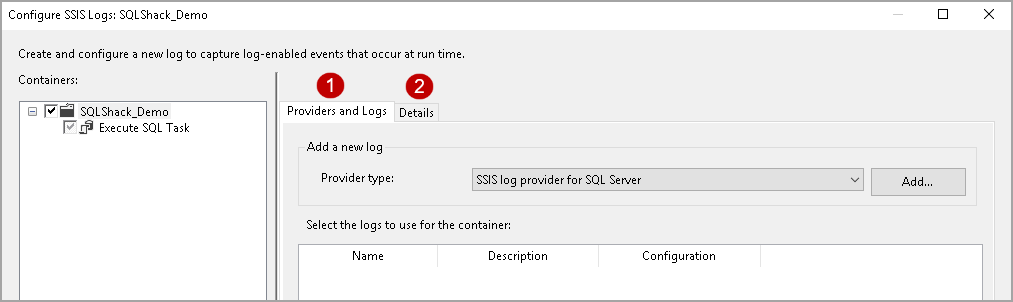 Provider logs and details for configuration
