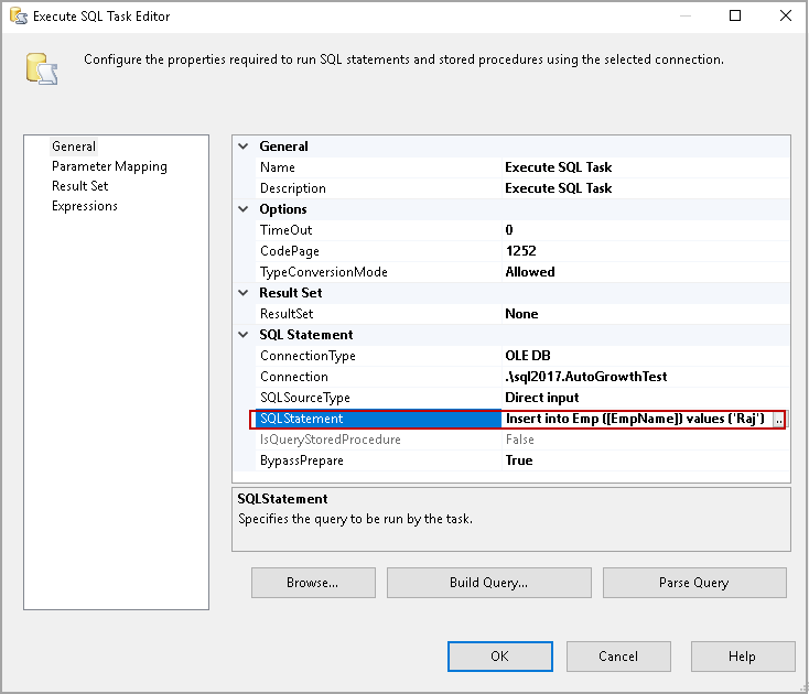 Specify SQL Task Editor