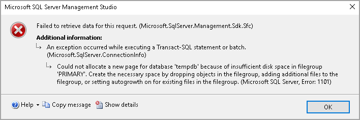 TempDB error message in SSMS