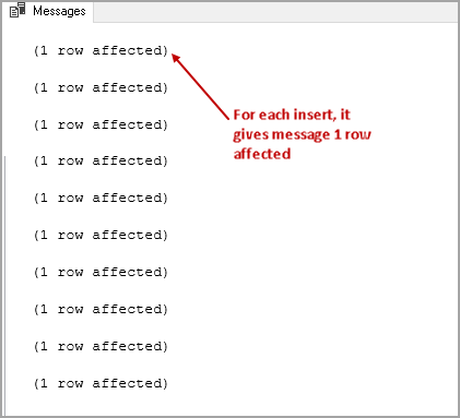 The output '1 row affected' in SSMS