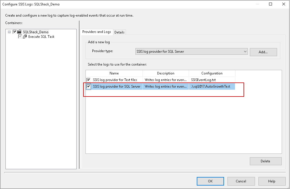 The SSIS log provider for SQL Server in SSIS Package logging