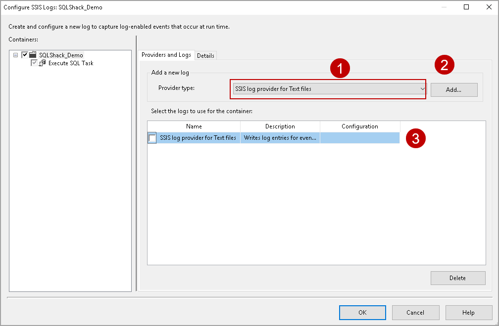 The SSIS log provider for Text files for SSIS package logging 