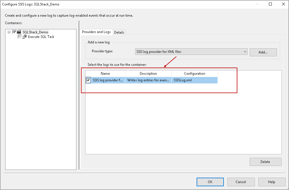 The SSIS log provider for XML files for SSIS logging