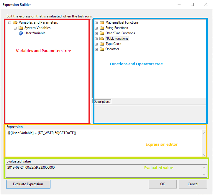 This image shows a screenshot of the SSIS expression builder