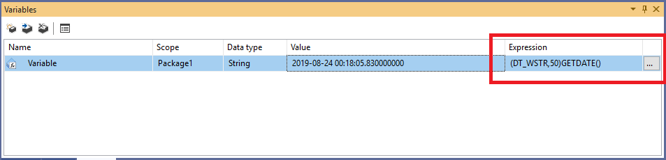 This image shows a screenshot of the variable tab in Visual Studio and how to add an SSIS expression to a variable