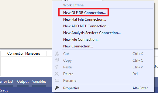This image shows how to add an OLE DB Connection manager from Visual studio