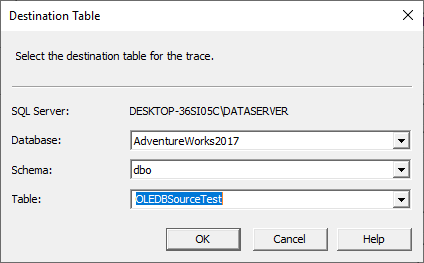 This image shows how to create a destination table to store the Trace log within SQL Server