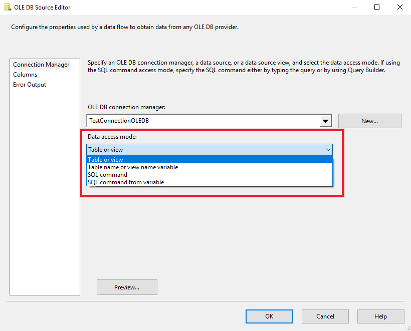 This image shows the data access mode dop down list in the SSIS OLE DB Source editor