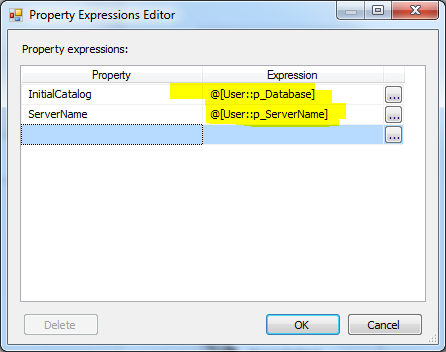 This image shows the OLE DB connection manager property expressions editor