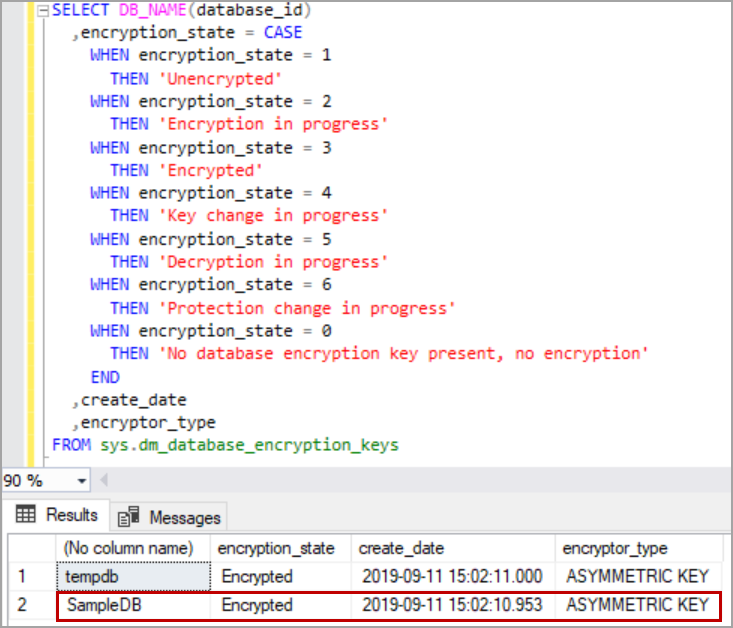 New encryption settings on the Azure SQL database.
