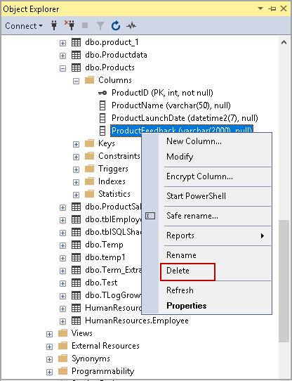 SQL DELETE column using SSMS object explorer