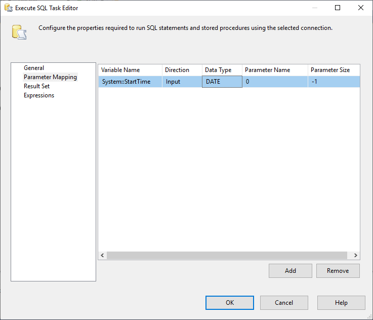 sql task editor parameter mapping ssis