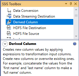 This image shows the descirption of SSIS dervied column from the SSIS tollbox