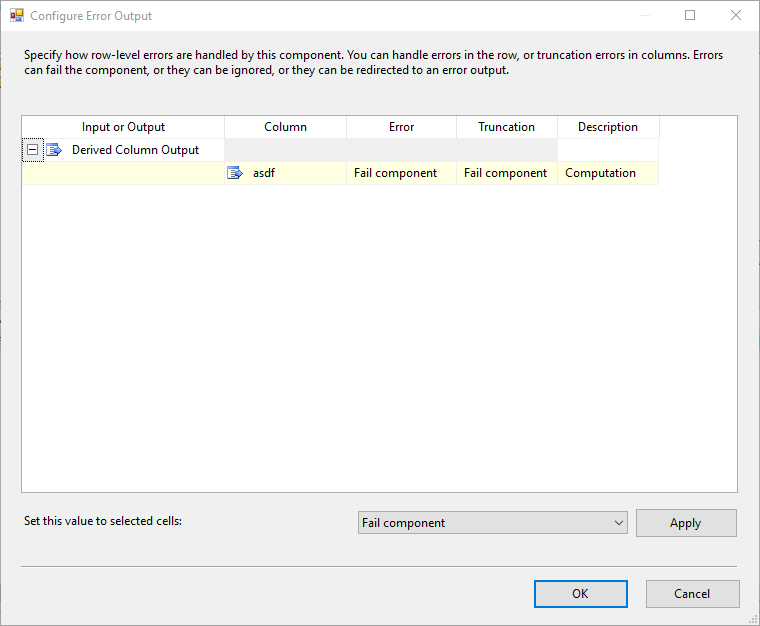 This image shows the error output configuration form in the SSIS derived column transformation
