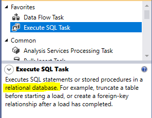 This image shows the Execute SQL Task in SSIS descripton from the toolbox