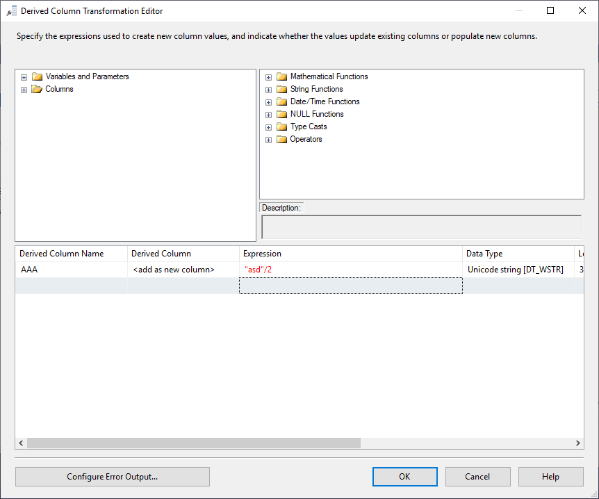 This image shows the SSIS derived column grid from the transformation editor