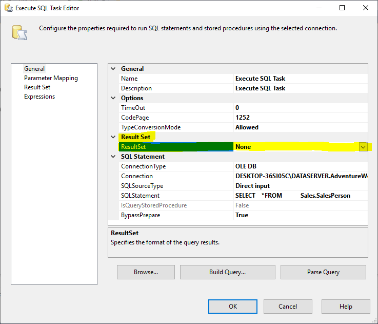 This image shows where to change the Result Set type in Execute SQL Task in SSIS