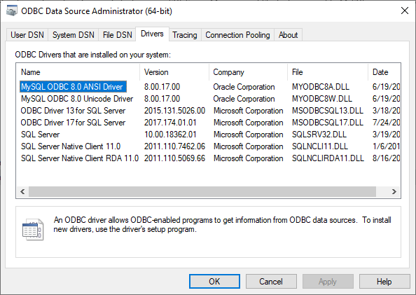 Check is it the ODBC driver for MySQL installed on machine via ODBC Data Source Administrator and Drivers tab