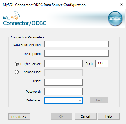 Connector/ODBC configuration dialog to connect to MySQL database