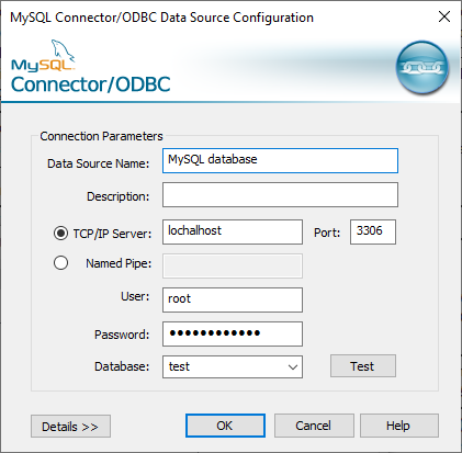 Connector/ODBC connection parameters to connect to MySQL database