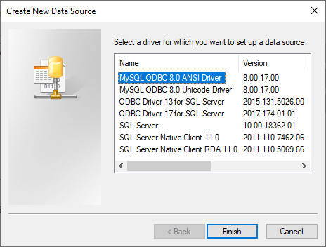 Create New Data Source to connect to MySQL