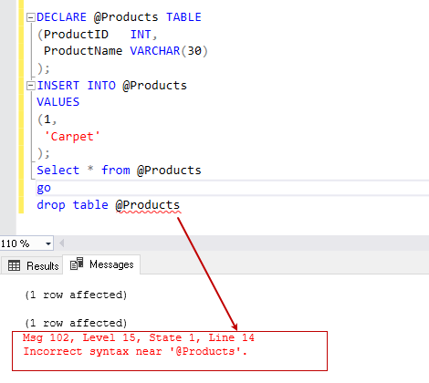 Dropping a SQL Table Variables