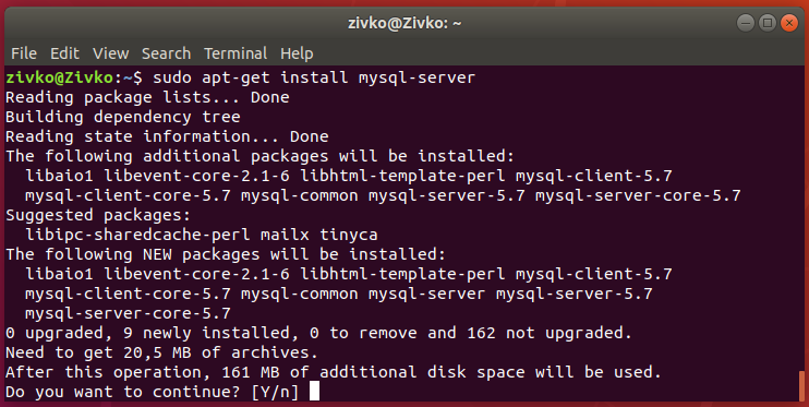 Linux Ubuntu 18.4  terminal - installing MySQL