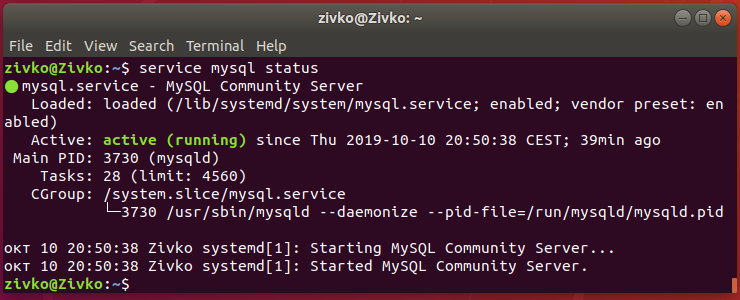 Linux Ubuntu 18.4  terminal - status of MySQL