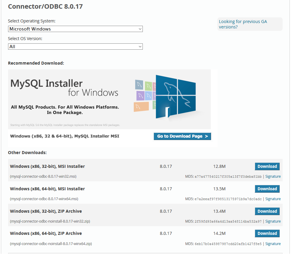 MySQL Connection/ODBC for Windows