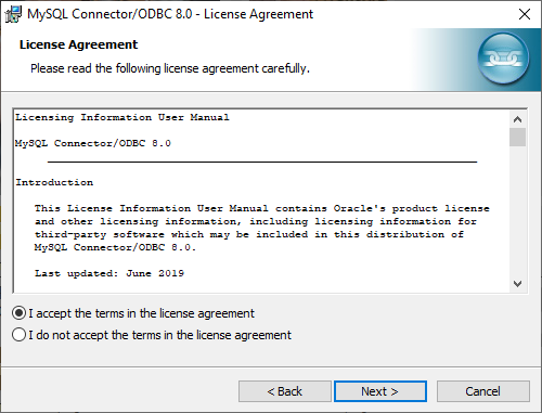 MySQL Connection/ODBC wizard - License Agreement dialog