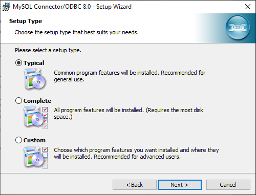 MySQL Connection/ODBC wizard - Setup Type dialog