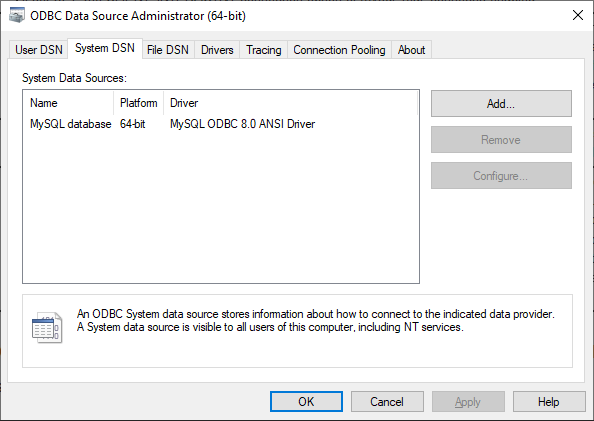 Newly created data source name in the System DSN tab of the ODBC Data Source Administrator dialog