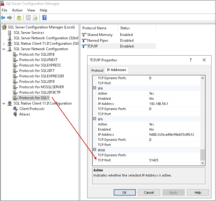 Protocol for SQL Server instance