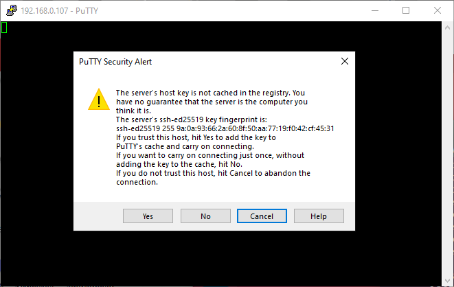 PuTTY - Security Alert  dialog