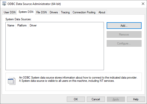 System DSN tab of the ODBC Data Source Administrator dialog